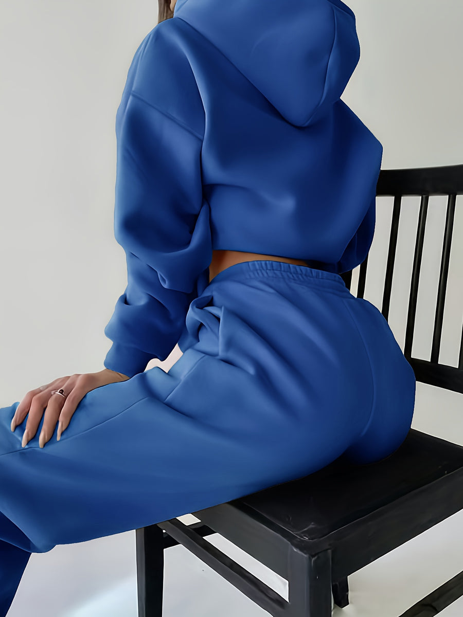 Women's Autumn/Winter New Hooded Sweatshirt Solid Color Set - Royal Blue