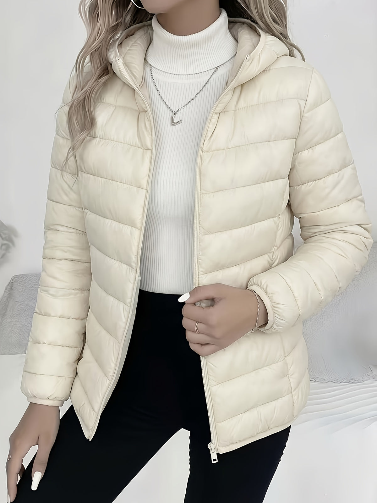 Spring, Autumn, Winter Women's Padded Coat, Fall/Winter Women's Apparel, Hooded Design, Full Zip Front, New Year, Valentine's Day, Popular Korean Top, Suitable for Office, Commuting, Shopping, Simple Outerwear, Coat for Petite Women, High-Quality - Milky