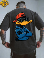 [Warner Bros] Official Authorization, Men'S Short Sleeve Le Yi Tong Da Fei Duck Sunglasses Printed Design, American Retro Washed Distressed T-Shirt, Outdoor Sports And Leisure Clothing, Daily Commuting, Machine Washable - Black