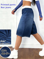 [Printed Pants - Not Faux Denim Fabric]Women'S Digital Print Leggings with Faux Denim Look, Not Actual Faux Denim Fabric - Navy Color