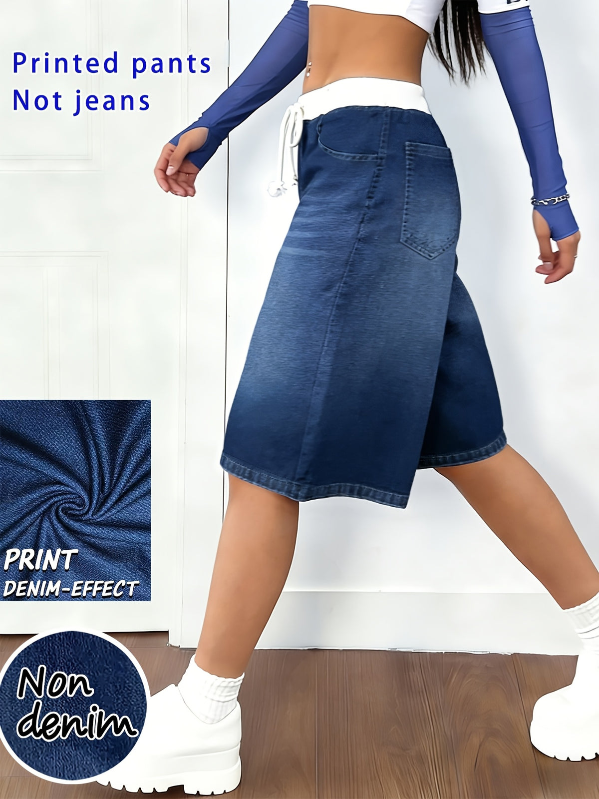 [Printed Pants - Not Faux Denim Fabric]Women'S Digital Print Leggings with Faux Denim Look, Not Actual Faux Denim Fabric - Navy Color