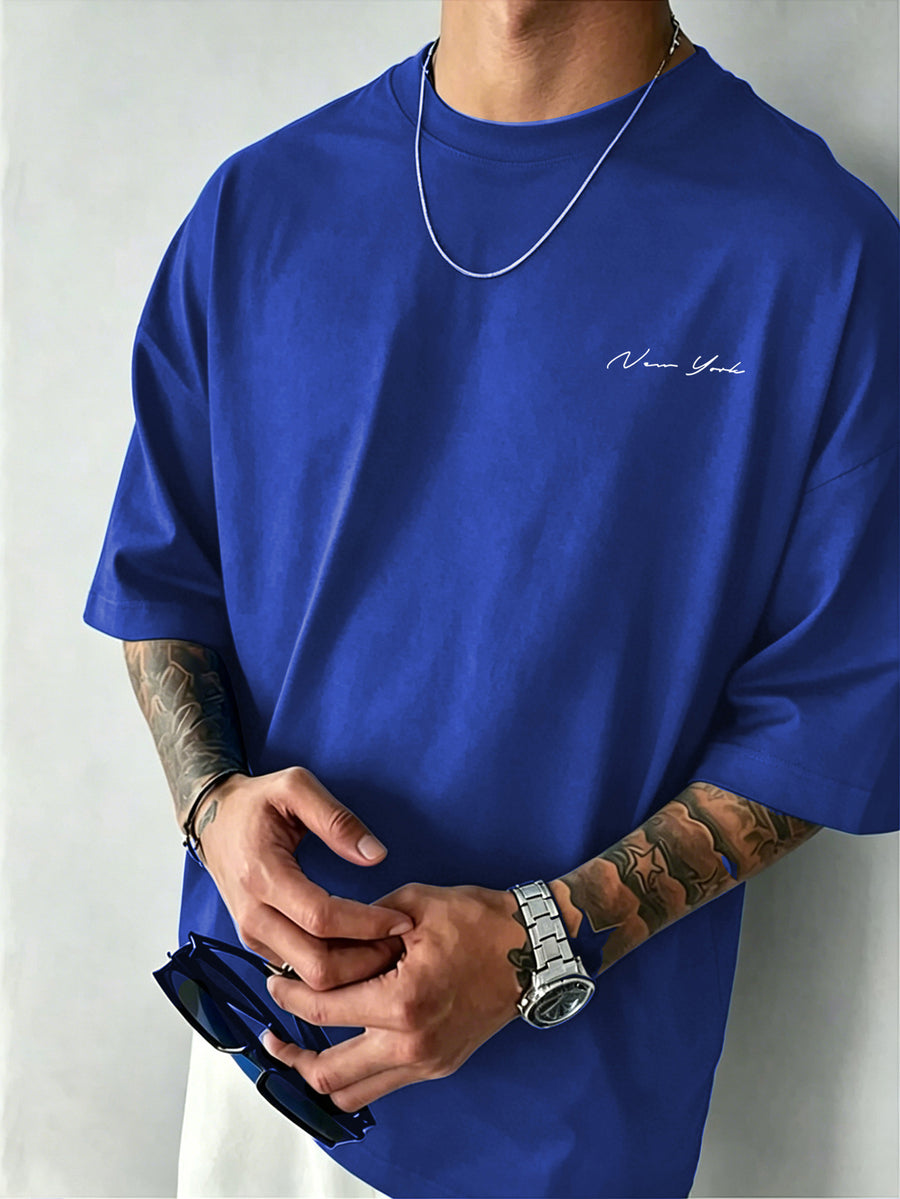 Men' New York Letter Print T-Shirt - Minimalist Round Neck Short Sleeve Tee with, Machine Washable Casual Basic Shirt Suitable for Summer, Office & Casual Attire, Non- Regular Fit for Men - Blue