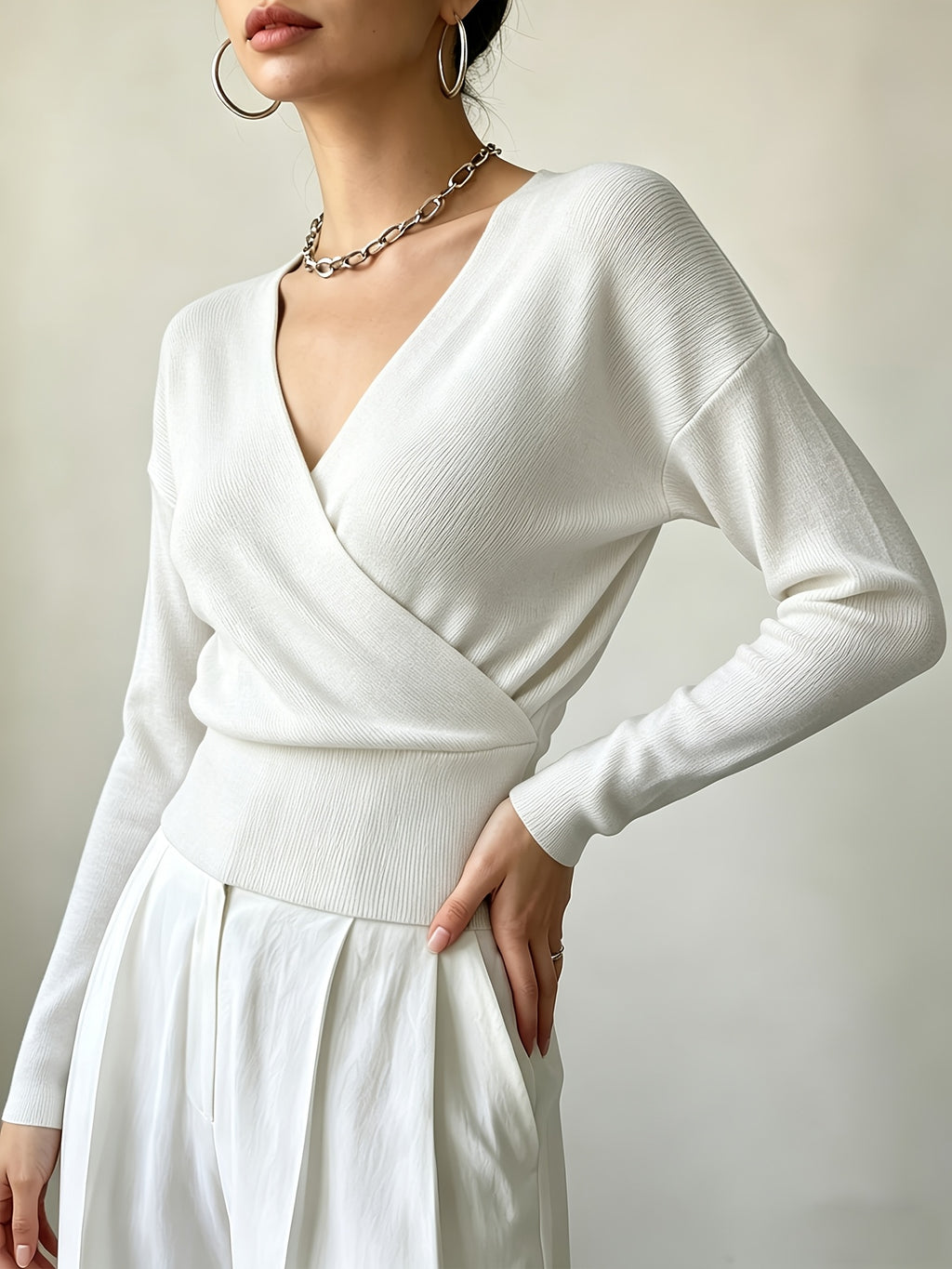 Women'S New Arrivals INS Autumn/Winter Cross-Collar Pullover, Elegant Versatile Loose Fit Machine Washable Long-Sleeve Knitwear - White