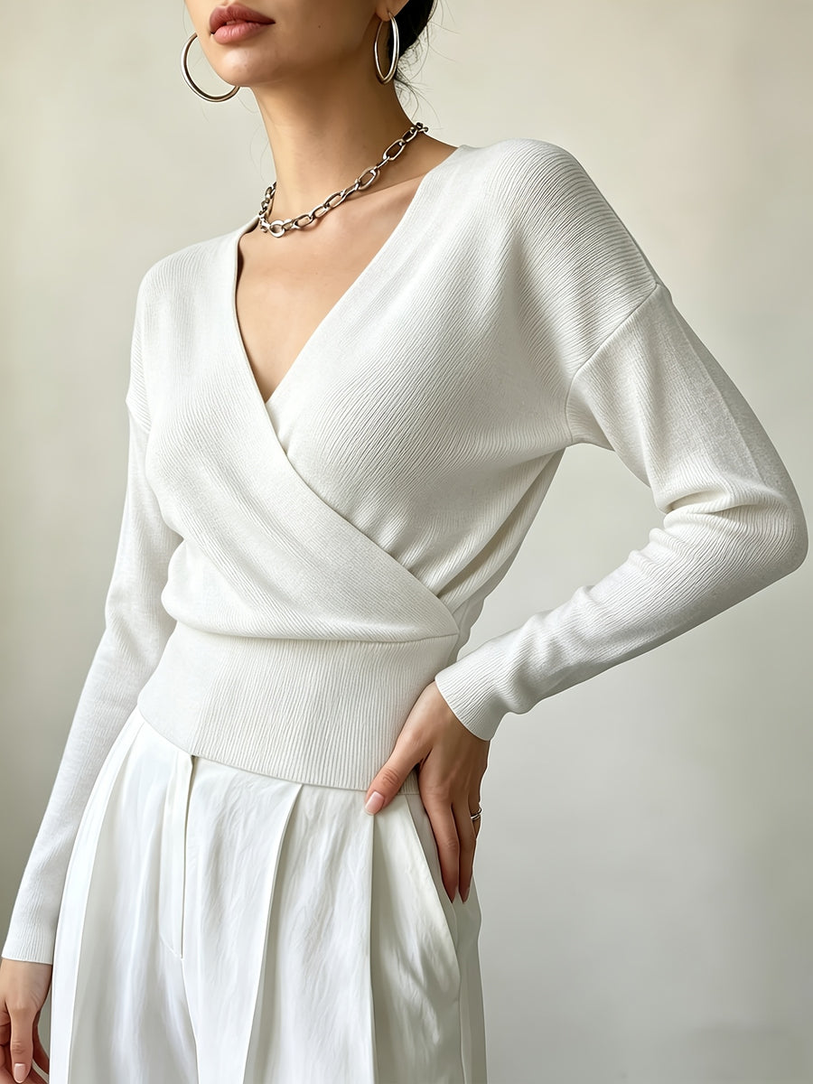 Women'S New Arrivals INS Autumn/Winter Cross-Collar Pullover, Elegant Versatile Loose Fit Machine Washable Long-Sleeve Knitwear - White
