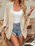 Elegant Spring and Summer Women's Cape Style Hollow Cardigan, Women's Vacation Beach Cardigan, Breathable Sweater Cover-Up - Apricot