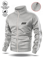 Easy Men'S Stand-Collar Sports Cardigan, Two-Tone Contrast Striped Stiff Jacket with Minimalist Chest Line Print, Suitable for Outdoor Camping Hiking Fitness Daily Commute Long-Sleeve Jacket - Grey