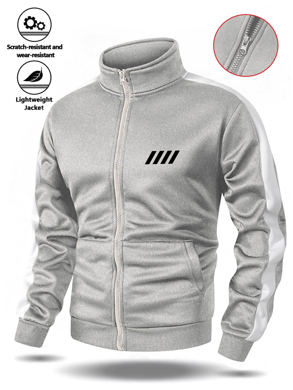Easy Men'S Stand-Collar Sports Cardigan, Two-Tone Contrast Striped Stiff Jacket with Minimalist Chest Line Print, Suitable for Outdoor Camping Hiking Fitness Daily Commute Long-Sleeve Jacket - Grey