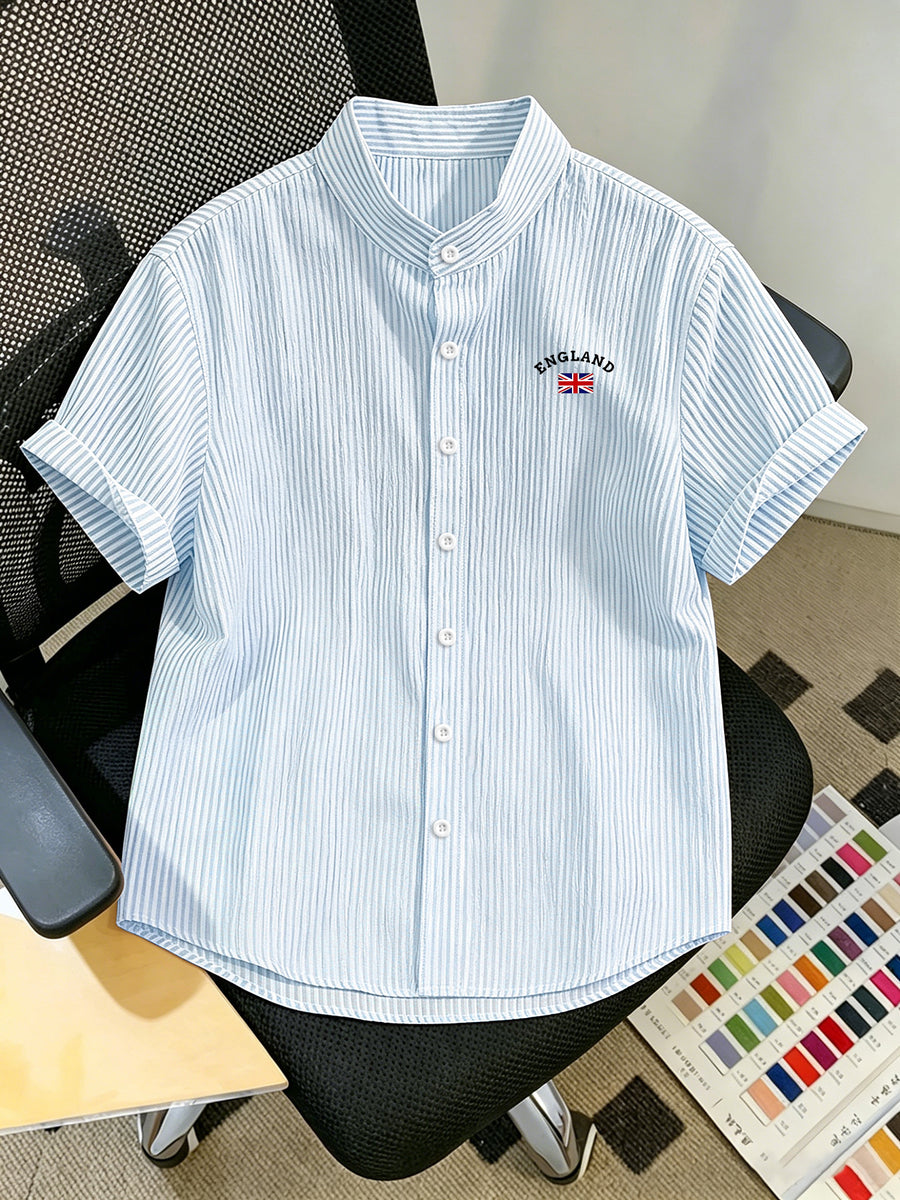 Men'S Striped Shirt with British Print, Breathable Striped Summer Shirt, Stand-Up Collar Design Suitable for Beach Outings And Casual Leisure, Beach Shirt, Outdoor Casual, Soft Texture, Vacation Wear - Light Blue