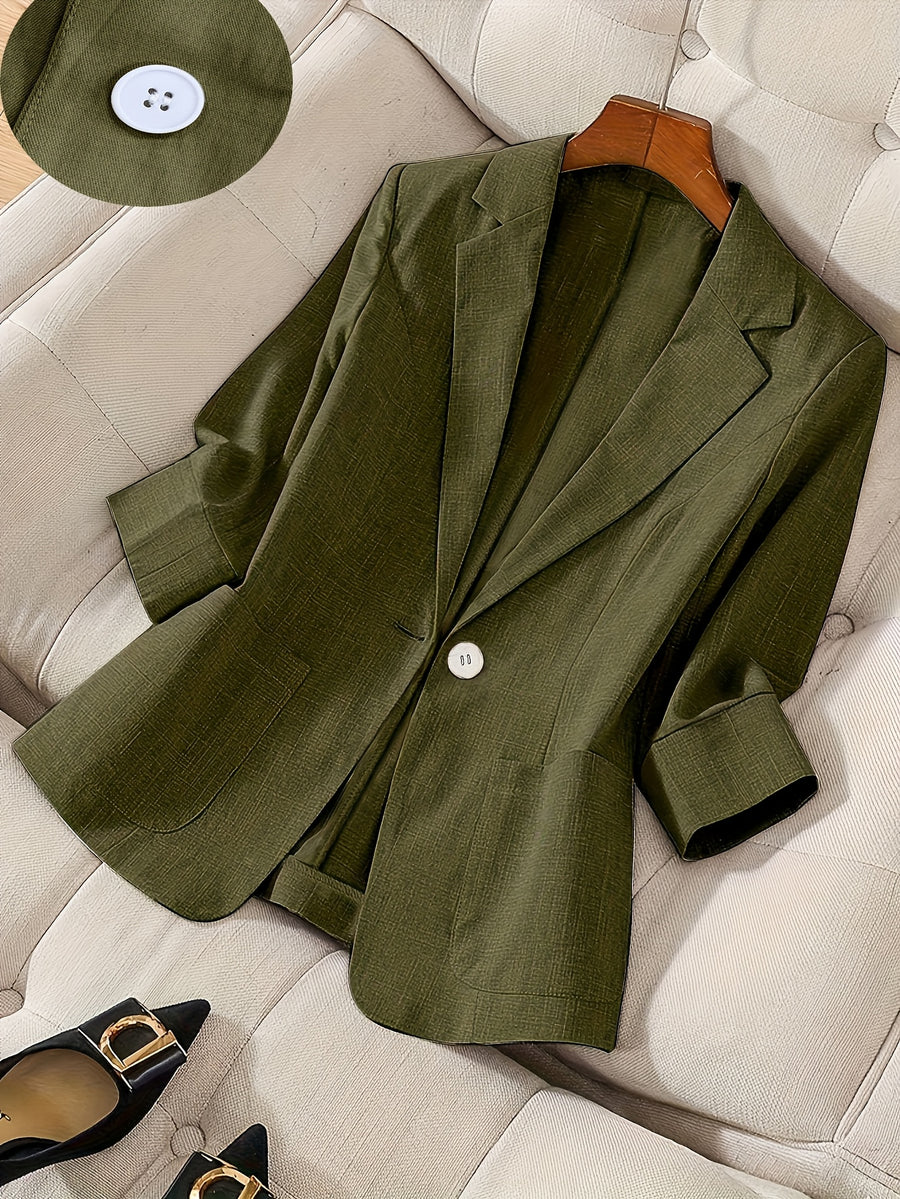 2026 New Premium Solid Color Single-Button Suit Jacket, Elegant 3/4 Sleeve, Comfortable And Breathable Casual Outerwear, Elegant Style Suitable for Daily Spring Summer Autumn, All-Match Temperament Suit - Olive Green
