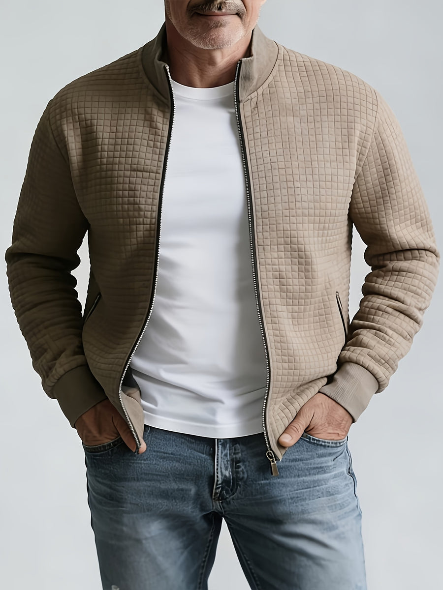 Pearson OBM Men's Casual Jacket, Checkered Embossed Stand Collar Zipper Baseball Jacket, Waffle Texture with Side Seam Slit Pockets, Solid Color Loose Fit Commuter Casual Pilot Jacket for Spring/Autumn - Khaki
