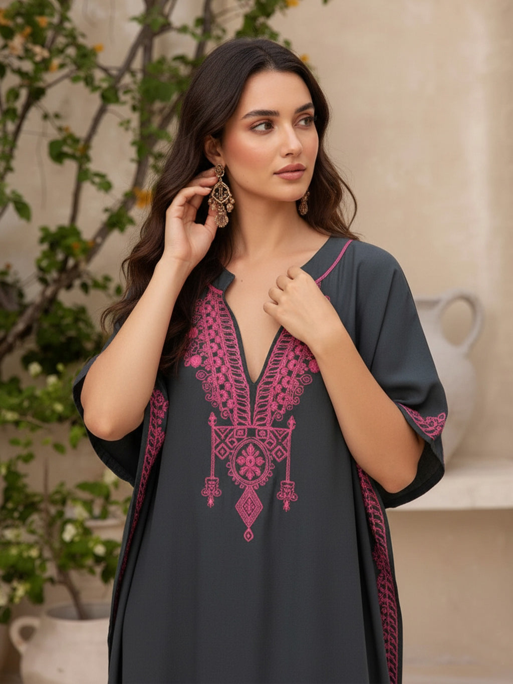 Women's Elegant Embroidered Ethnic Print V-Neck Robe Dress, Loose Batwing Sleeve Bohemian Robe, Comfortable Beach Cover-Up Q1545 - Grey