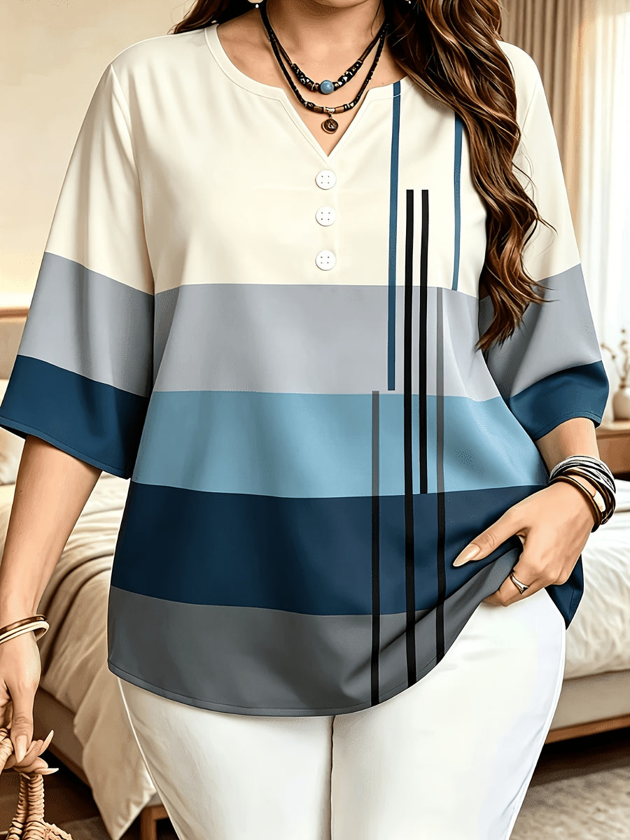 Printed Design – Not Textured. Women's Casual Button-Patch Colorblock V-Neck Three-Quarter Sleeve T-Shirt, a Perfect Gift for. - Mixed Color K