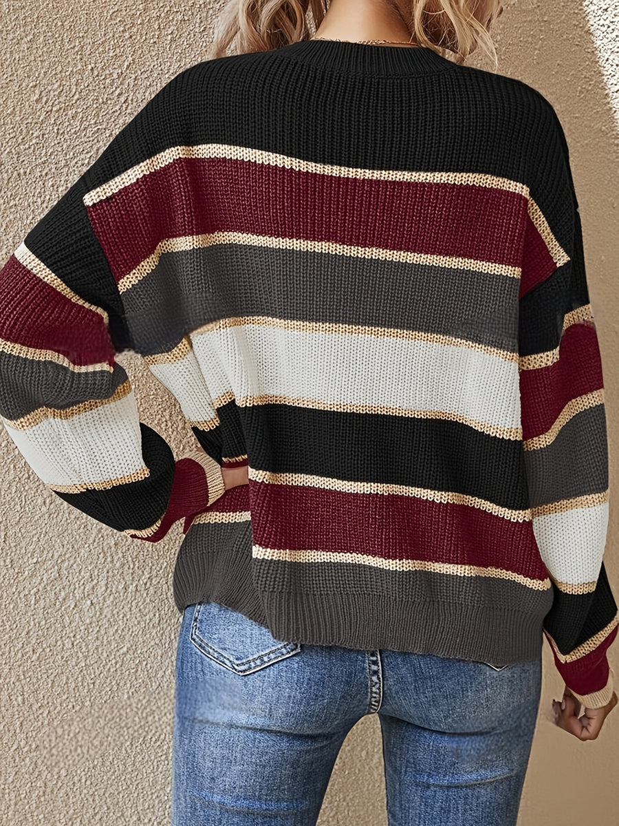 Women'S Color Block Striped Pullover Sweater - Cozy Long Sleeve Crew Neck, Loose Fit, Fall/Winter Casual Top with Green, Brown, and Beige Stripes, Casual Winter Wear | Relaxed Fit Top | Construction, Sweater Dress, Fall Clothe For Women, Fall Sweater For - Burgundy