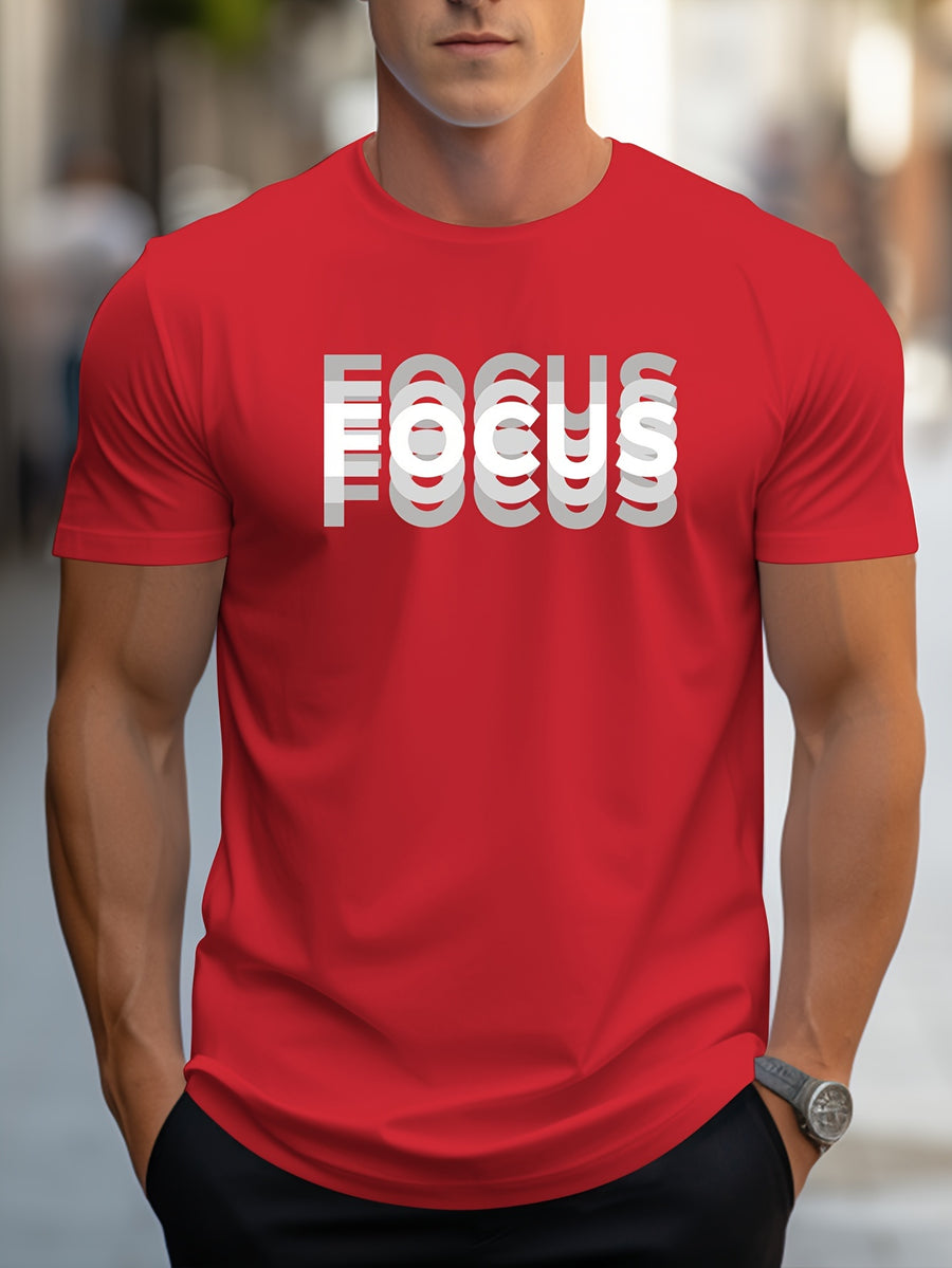 Unisex Trendy Letter Print Crew Neck T-Shirt, A Must-Have for Style Enthusiasts! Gradient FOCUS Design, Ultra Stylish & Streetwear-Inspired! Minimalist yet Versatile! - Red