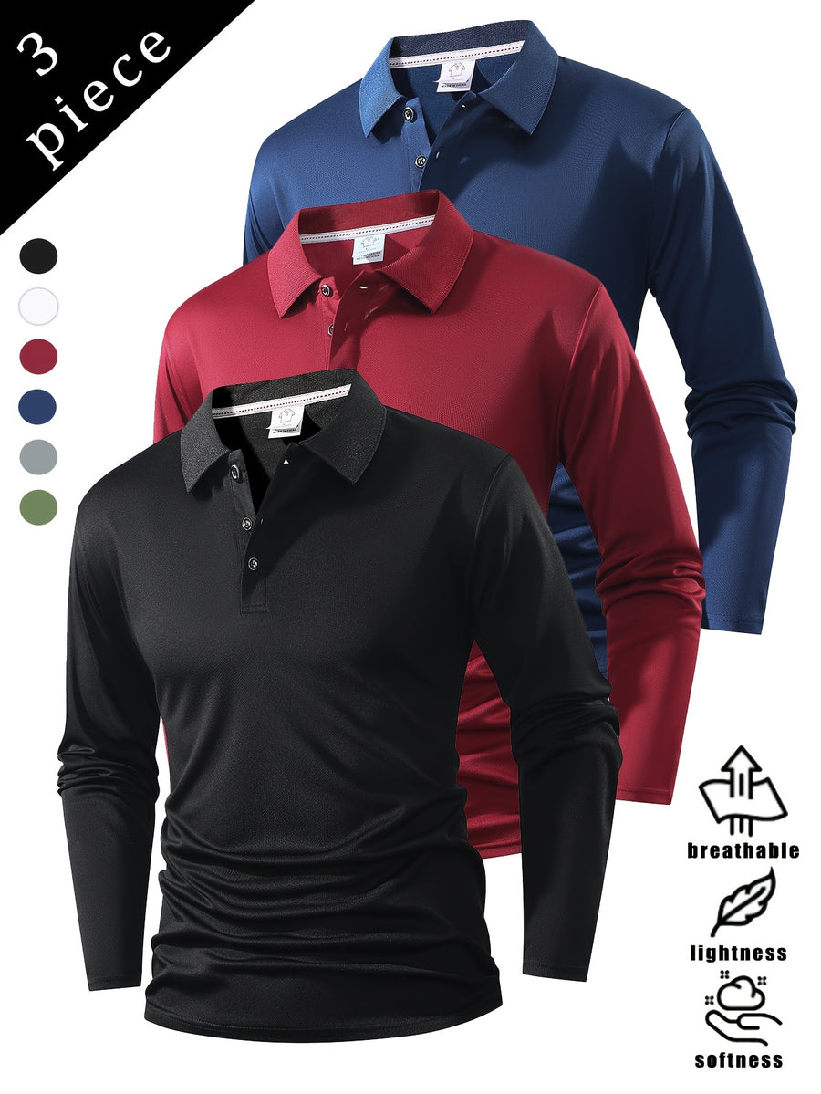 Spring And Autumn Explosive Value Three-Piece POLO Collar Long-Sleeved Top for Men, Stylish, Easy And Versatile, Solid Color Design, Multi-Color Optional Sports And Casual, Soft And Comfortable, Jumper, 220G/Square Meter Fabric Weight - Navy/Red/Black