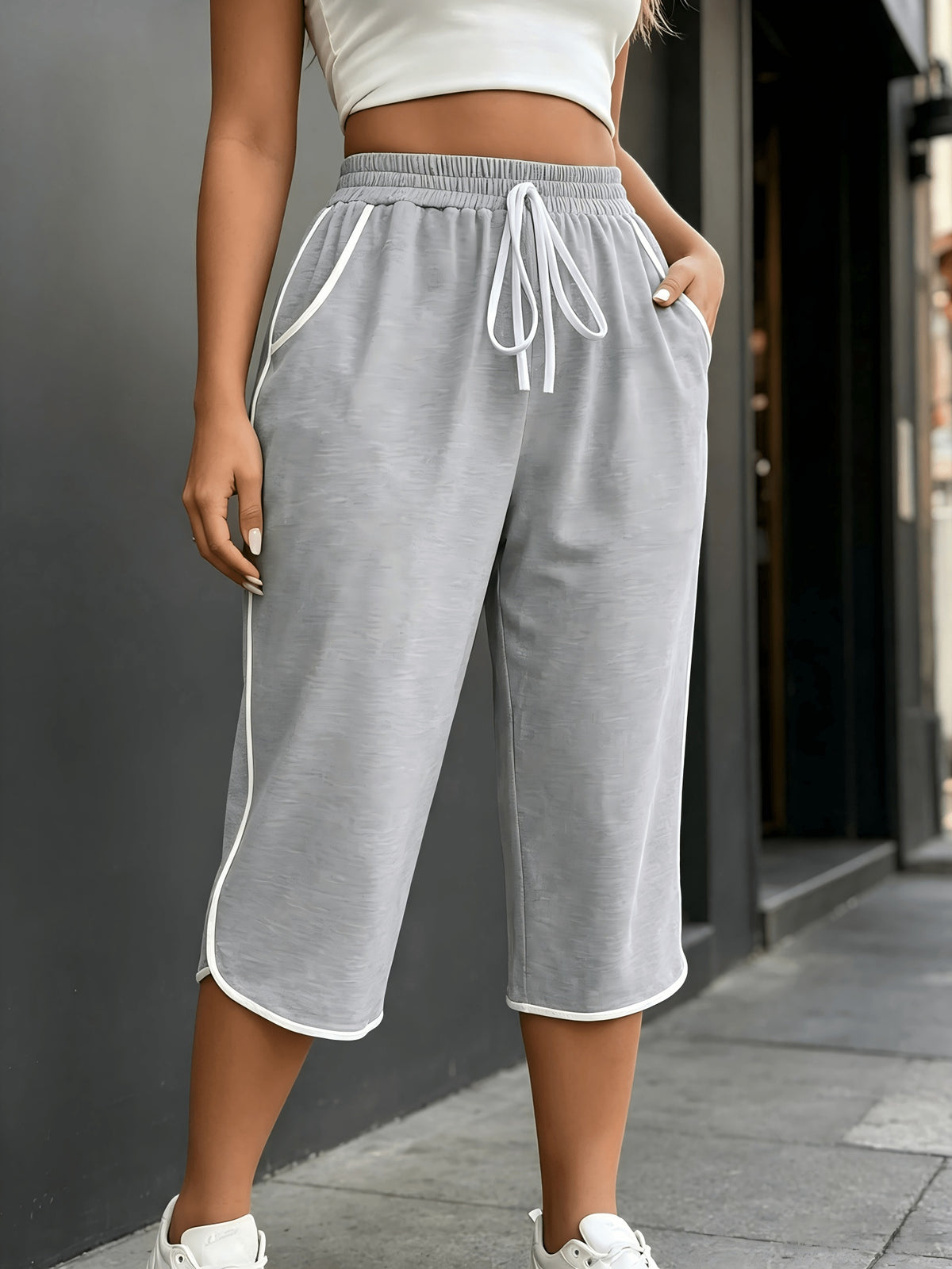 Women'S Capri Pants, Retro Color-Block Striped Wide-Leg Mid-Length Trousers, Loose Straight Casual Outerwear Sweatpants, Casual All-Match Women'S Pants, Daily Casual Outing Wear, Home Fitness - Space Gray