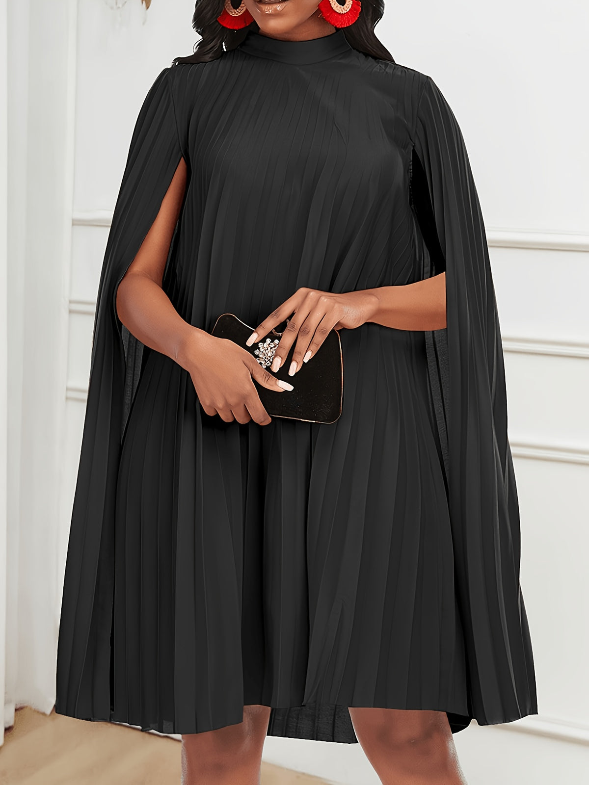 Elegant Ladies' Fashion Pleated Party Dress with Cape Sleeves Party Going-out - Black