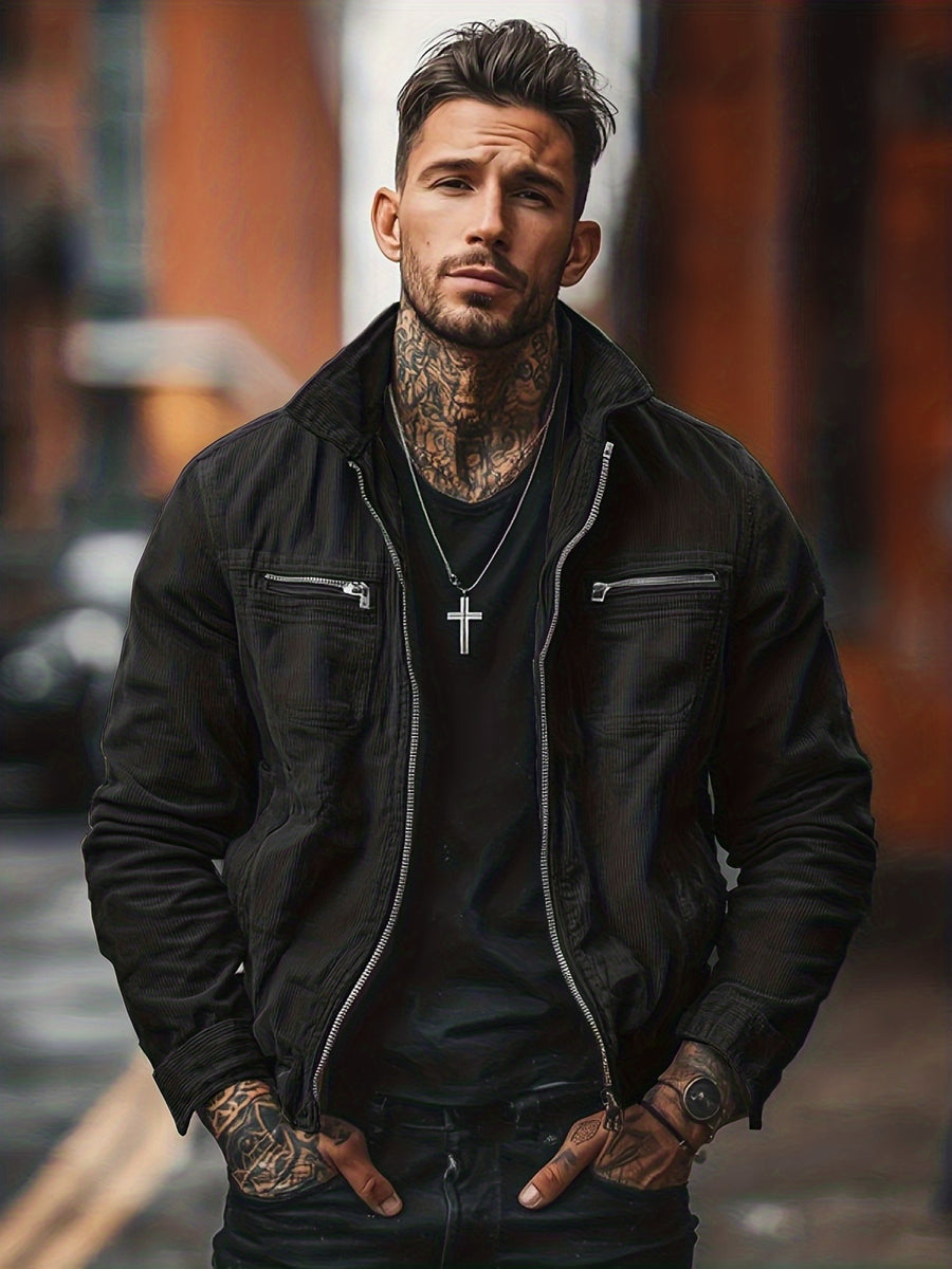 Men's Casual Long Sleeve Shirt Autumn Winter Solid Color Corduroy Zip-Up Jacket Vintage Style Top - Black