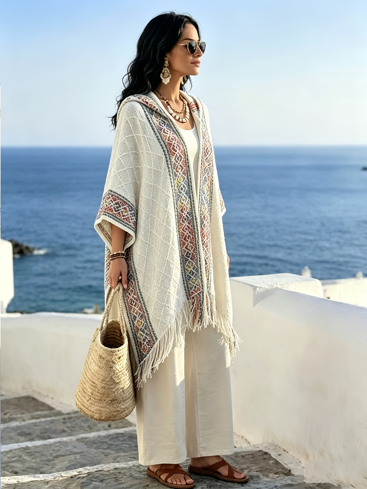 Plus Size, Women' Plus Size Bohemian -Neck Hooded Poncho Cardigan with Shawl Wrap Scarf - Oversized Open Front Coat, Fringe Detailing Suitable for Beach Cover Up, Casual Vacation Coat, Loose Cardigan for - Wear - White