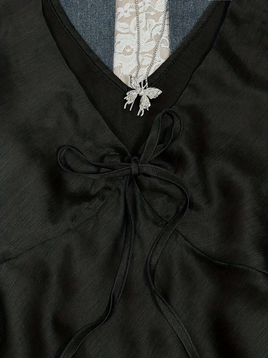 Women's Casual Solid Color Back-Tie Ruffle Sleeve Flutter Sleeve V-Neck Bow Tie Shirt, Suitable for Summer, Autumn, Spring, All-Season Wear, Ideal for Dating, Vacation, Shopping, and Daily Casual Outfits - Black