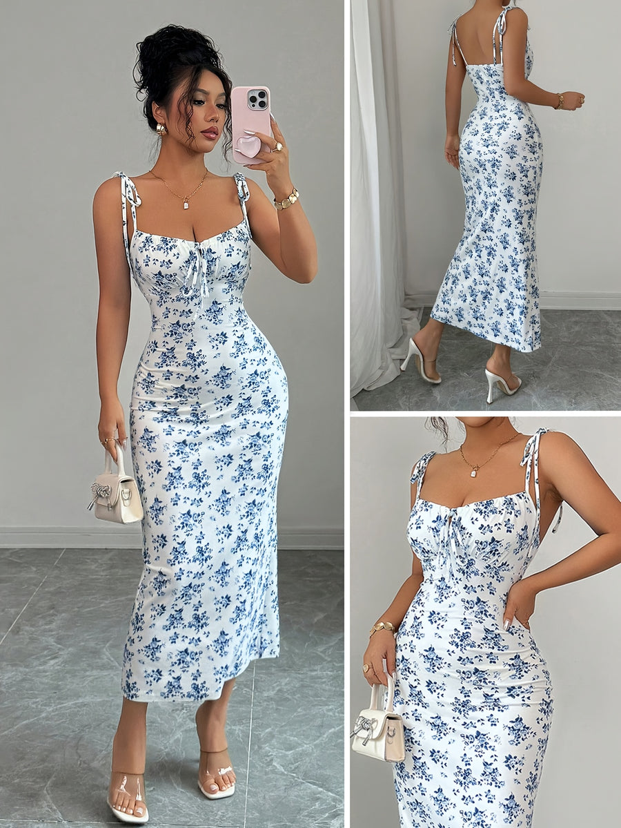 Elegant Floral Ruffled Strap Dress for Women - Purplish Blue