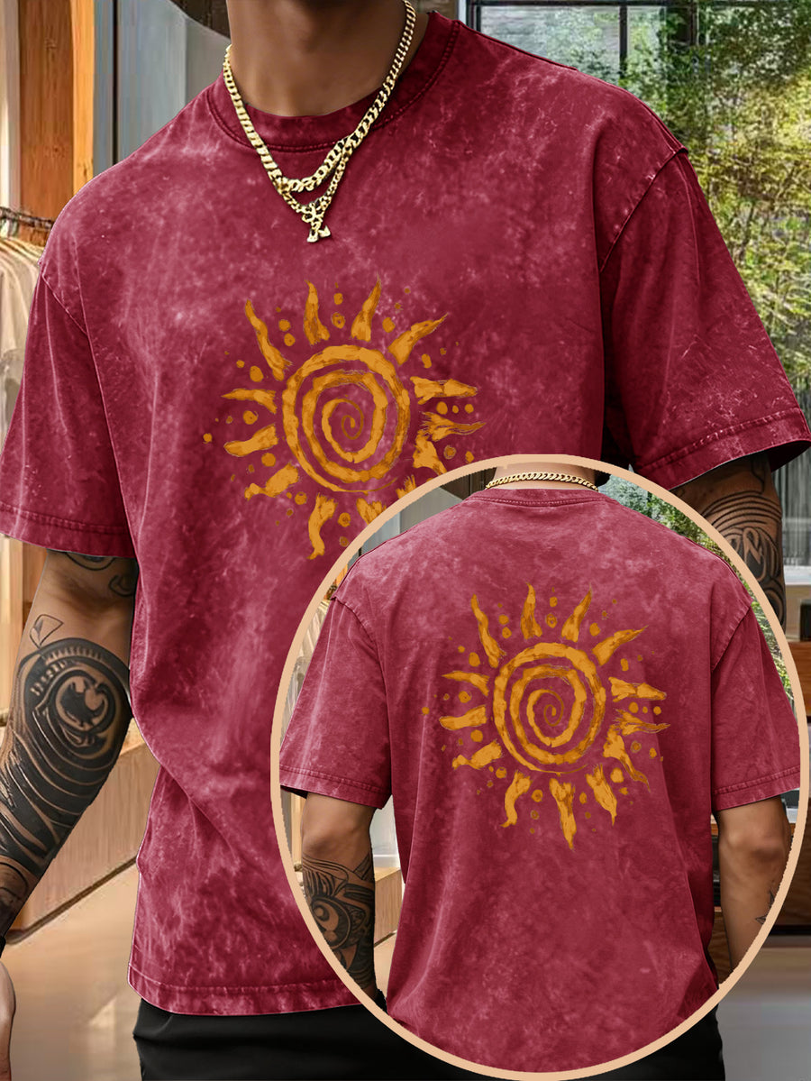 Men's Short-Sleeve T-Shirt, Pure Loose Fit Top, Trendy Reversible Double-Sided Swirl Sun Print, 12 Colors for  Mix & Match, Washed Distressed American Street Style, Versatile for Daily Outings, Streetwear, Sports, Fitness, and Commuting - Burgundy