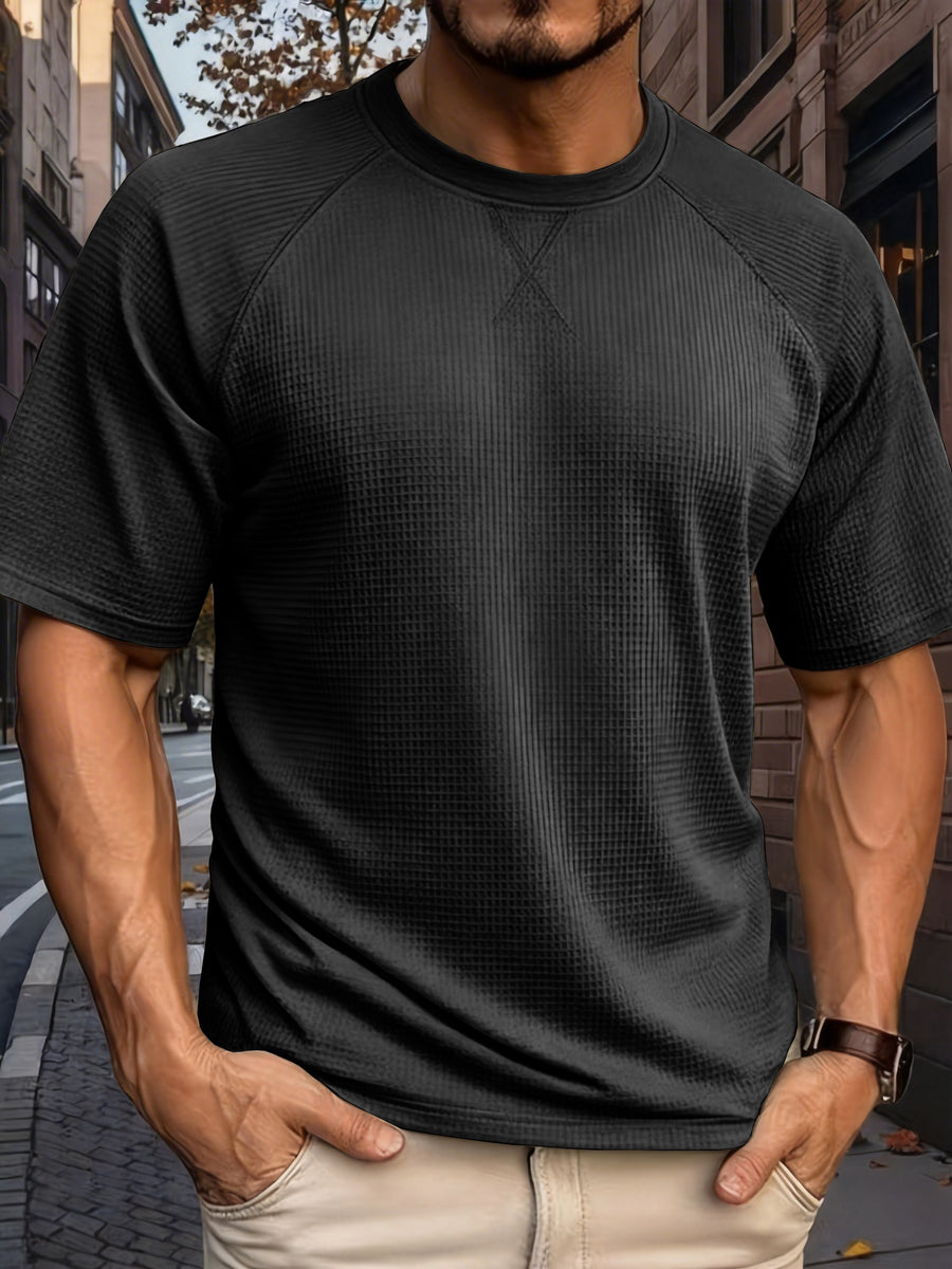 Men's Short-sleeve Waffle T-shirt, Lightweight and Breathable Crewneck Top, Suitable for Daily Casual Wear, Summer Vacations, and Outdoor Activities, with a Loose Fit - 1pc Black