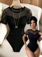 Sexy Mesh Cutout Fitted Short Sleeve Bodysuit, Women'S Casual Street Style - Black