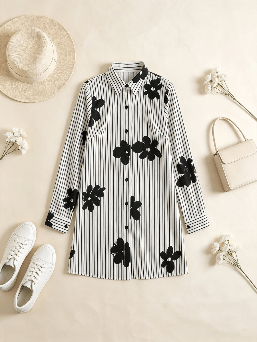 Women's Long Sleeve Shirt Dress - Black and White Floral Pattern Button-Front Top Dress, Vintage Lapel Collar, Loose Fit, Versatile Top for Commuting and Casual Wear - Mixed colors