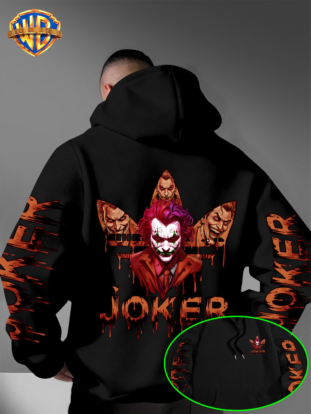 Warner Bros. Official DC Joker Multi-Character Avatar Brown-Toned Fluid Drip Graffiti Men's Fashion Hooded Sweatshirt, Sleeve Print Design, Kangaroo Pocket, Drawstring Hood, Suitable for Daily Wear and Outdoor Sports, an Excellent Choice for Warmth - Black