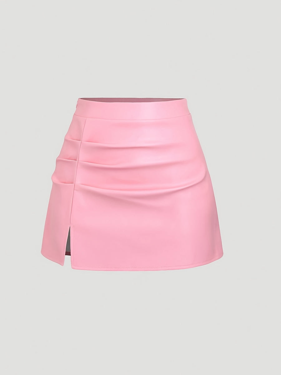 Elegant Vintage High-Waisted Pleated Brazilian PU Side Slit Flared A-Line Mini Skirt for Women, Y2K Clothing - Pink