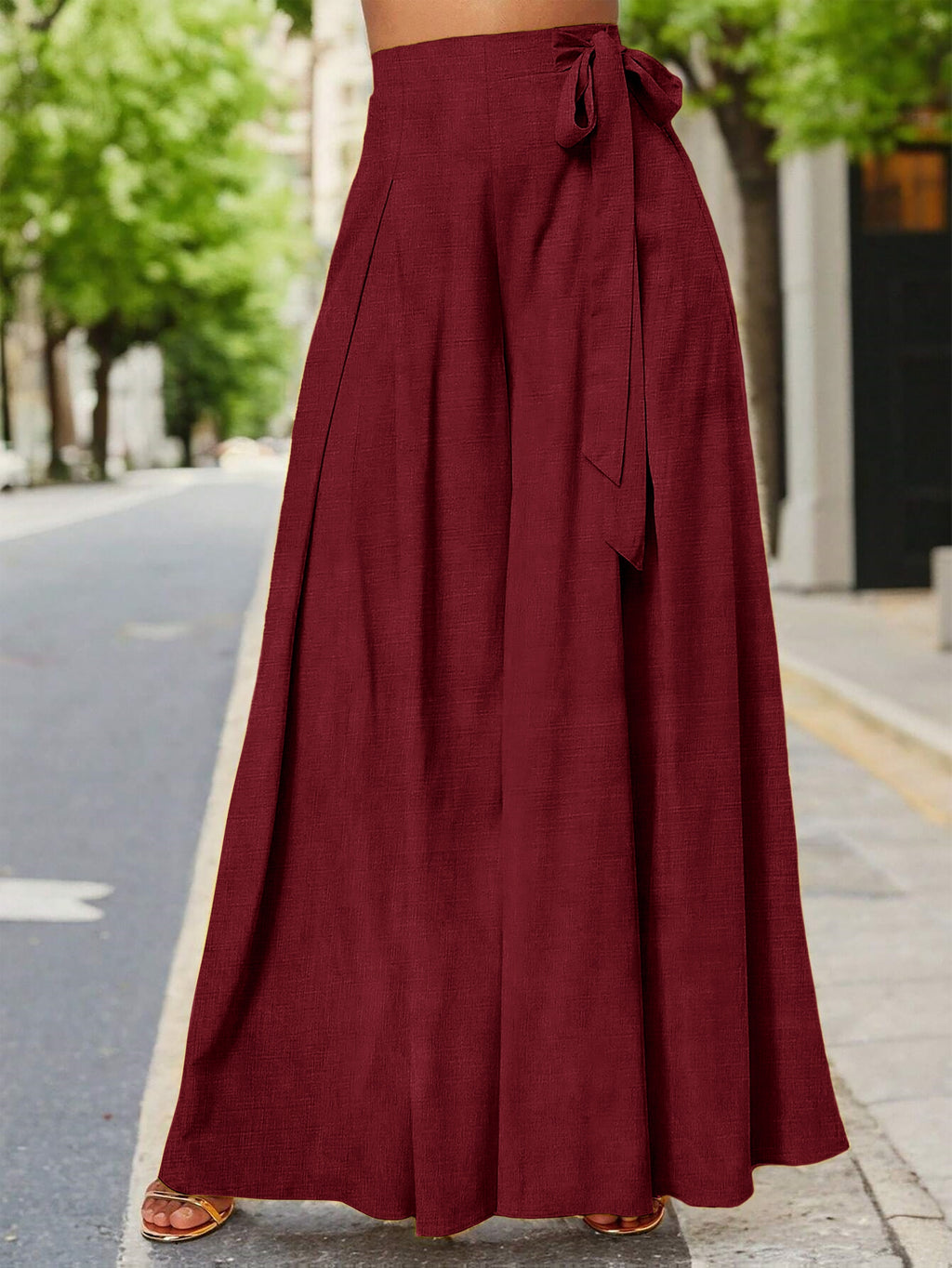 Yy0324110+Spring And Summer Women'S Fashion, Casual Elegance, High-Waisted Wide-Leg Pants - Burgundy