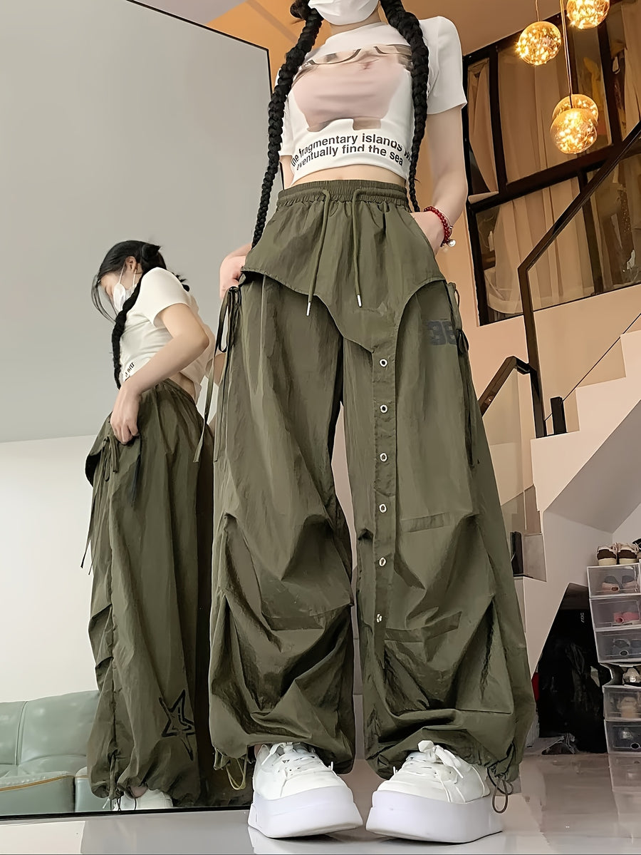 Spring And Autumn Women'S Korean-Style Irregular Design Jazz Street Dance Wide-Leg Pants - Army Green