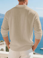 Summer Men'S 3pcs Lightweight Breathable Linen Long Sleeve Polo Shirt Solid Color Versatile Henley Button-Up T-Shirt Casual Vacation Commute Top - Khaki + White + Blue