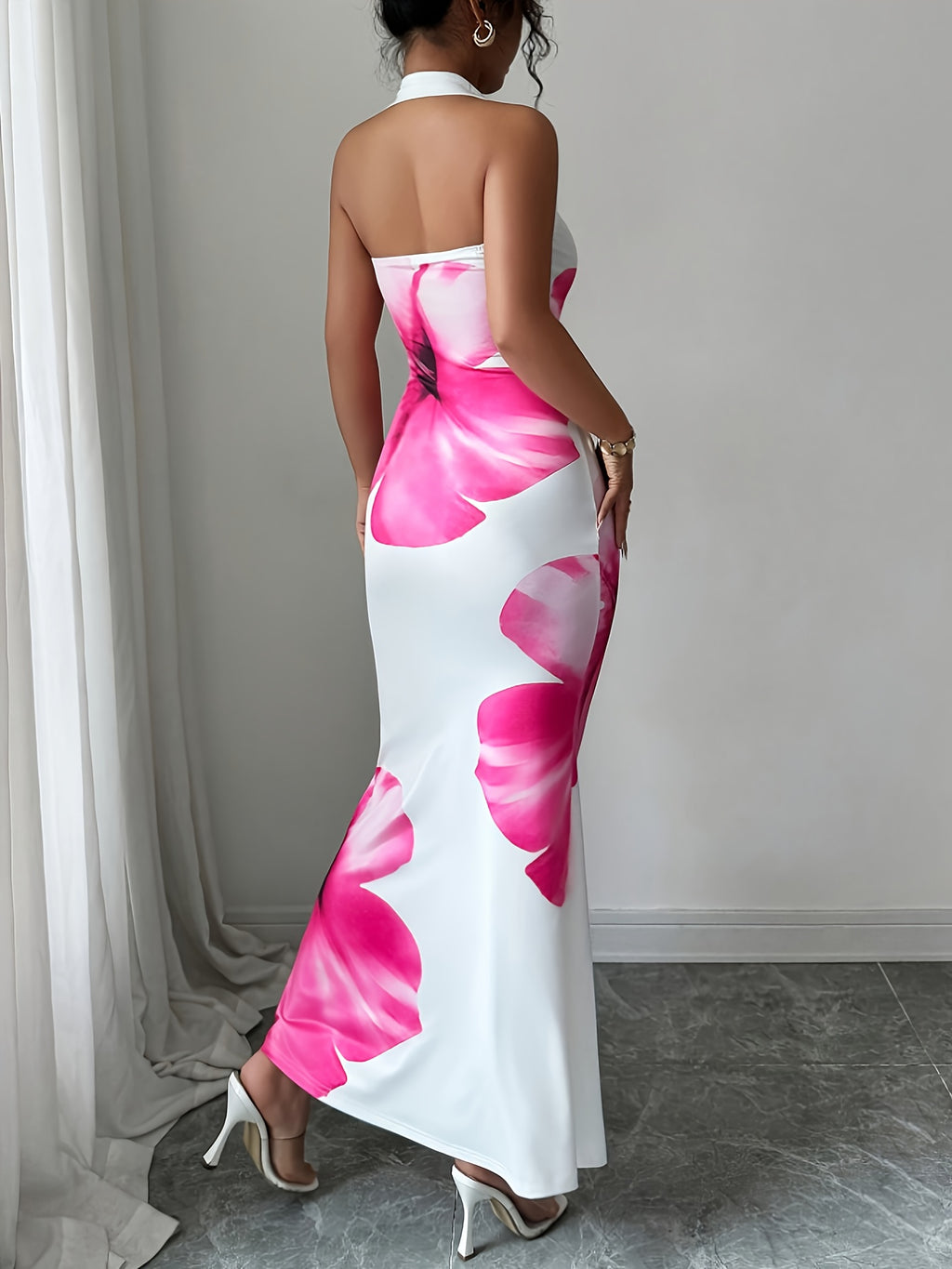 Summerhalter Neck Tie Waist Cincher Mid-Length Floral Print Dress Single Piece Dress - Multicolor