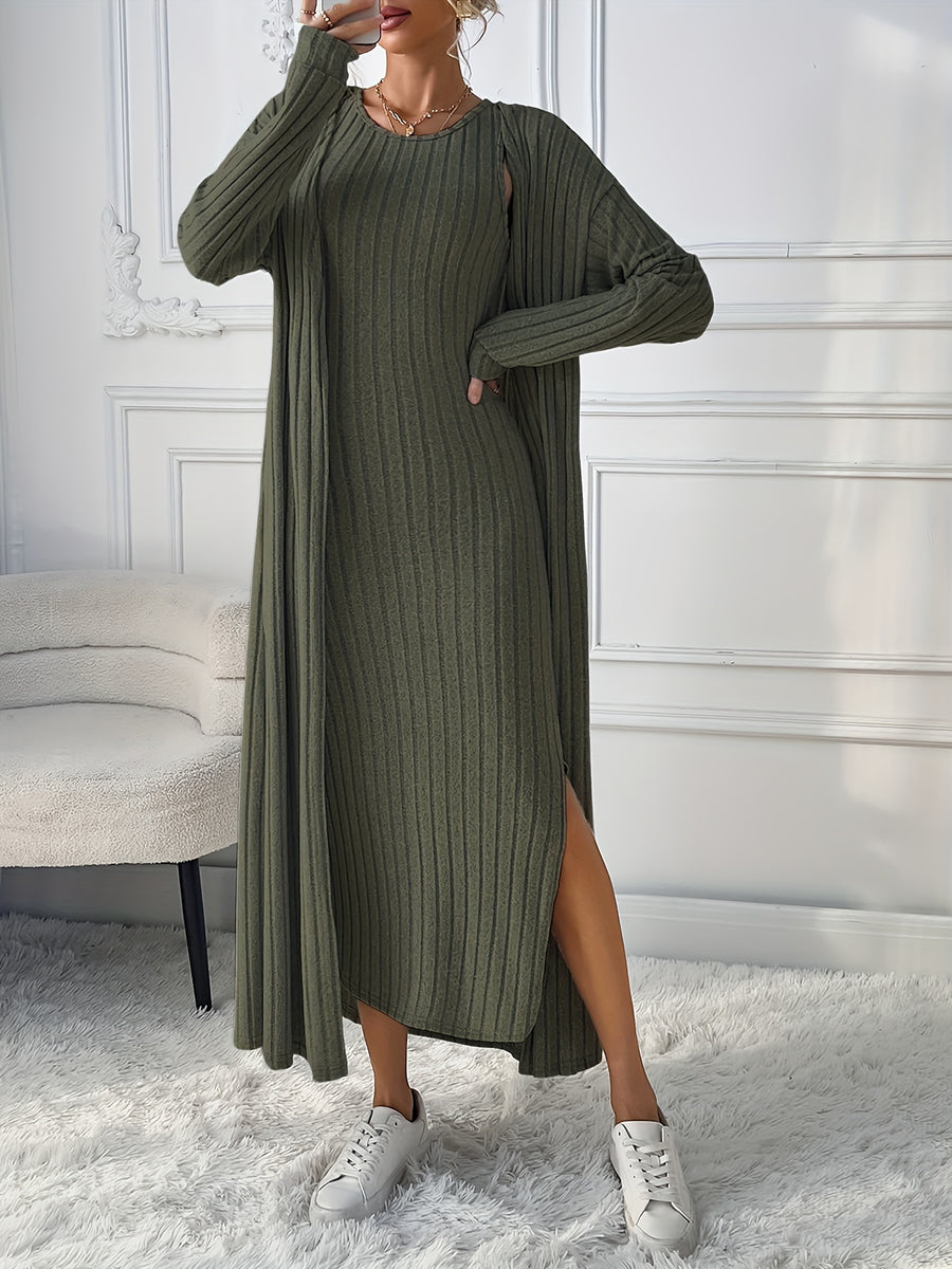 Chic + Long Sleeve Knitted Cardigan and Sleeveless Dress Set - Olive Green