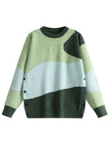 Men's Color-Block Wave Patchwork Sweater - Loose Fit Button-Front Placket Crew Neck Pullover, Warm Winter Sweater Suitable for Fall/Winter, Casual Office & Casual Attire, Non- Patchwork - Green