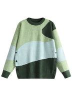 Men's Color-Block Wave Patchwork Sweater - Loose Fit Button-Front Placket Crew Neck Pullover, Warm Winter Sweater Suitable for Fall/Winter, Casual Office & Casual Attire, Non- Patchwork - Green