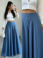 Women'S High-Waist Multi-Panel Wide-Leg Floor-Length Trousers Casual Loose Bottoms - Washed Blue