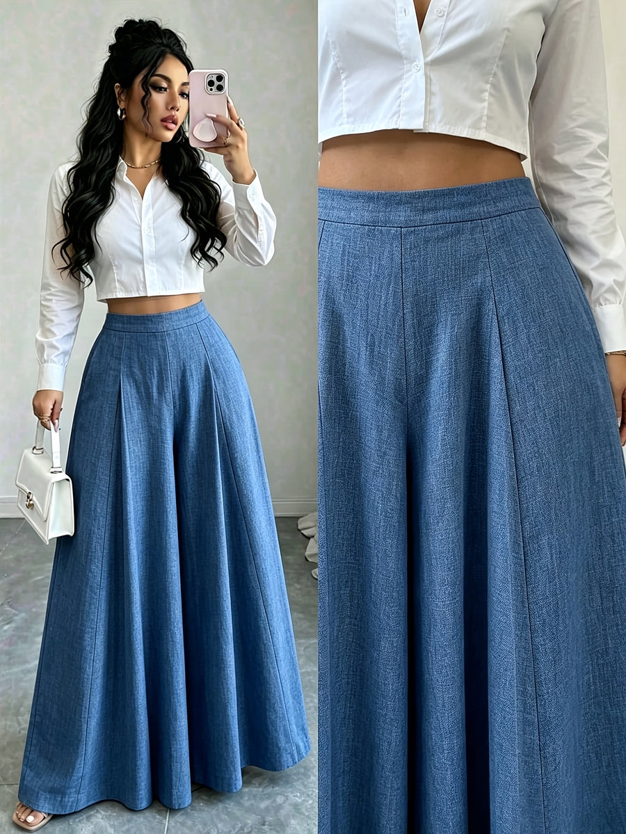 Women'S High-Waist Multi-Panel Wide-Leg Floor-Length Trousers Casual Loose Bottoms - Washed Blue