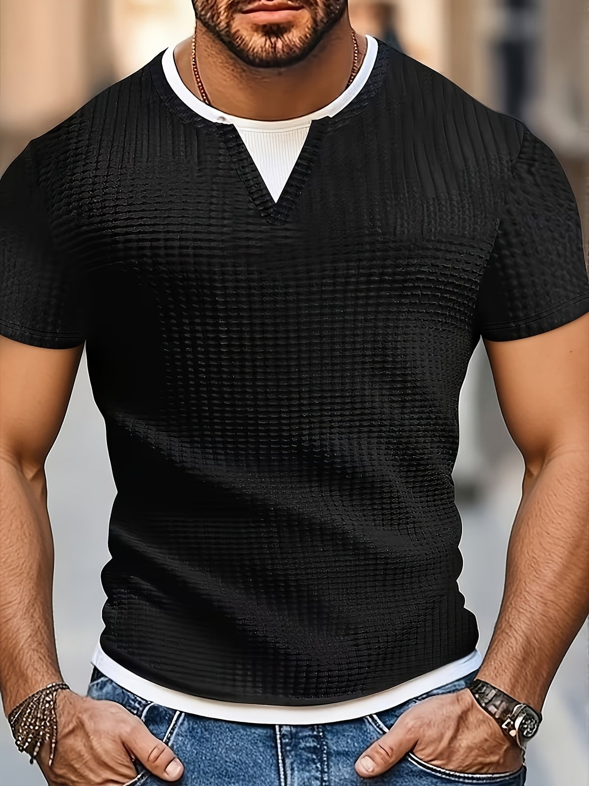 Men's Fashion Top, Spring/Summer Casual Color-Block Waffle Knit Round Neck Short Sleeve Henley Shirt - Black