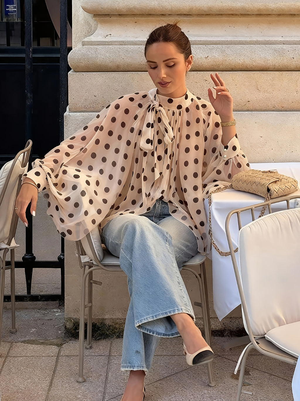 Fashionable Spring/Summer Elegant Casual Semi-Sheer Polka Dot Pattern Shirt Bow Tie Collar Lantern Sleeve Loose Fit Women'S Shirt - Apricot