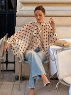 Fashionable Spring/Summer Elegant Casual Semi-Sheer Polka Dot Pattern Shirt Bow Tie Collar Lantern Sleeve Loose Fit Women'S Shirt - Apricot