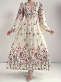 Women'S V-Neck Printed Long Dress, Long Lantern Sleeves, Elastic Waist, A-Line Silhouette, Suitable for Daily Vacation Wear - Apricot