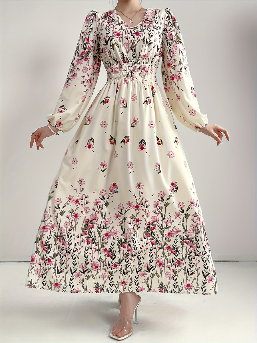 Women'S V-Neck Printed Long Dress, Long Lantern Sleeves, Elastic Waist, A-Line Silhouette, Suitable for Daily Vacation Wear - Apricot
