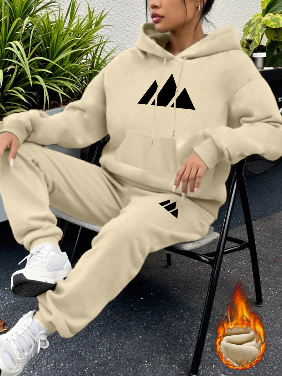 Geometric Print Women's -Lined Hooded Sweatshirt + Jogger Set, Machine Washable Pullover for Autumn/Winter, Soft Fabric, Versatile Daily Wear, -Lined Design, 100% Polyester, Ideal for Outdoor Sports, Durable and Comfortable Material, Warm and Stylish - Apricot