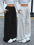 2pcs Asian Size Women's Casual Sport Long Pants with Elastic Waistband, Side Pockets Loose Simple Wide-Leg Trousers - Black+gray
