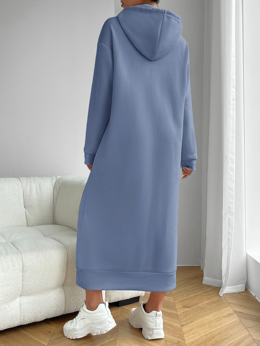 Women'S Heart Print Hooded Long Dress, Casual Loose Long Sweatshirt Dress - Peacock Blue