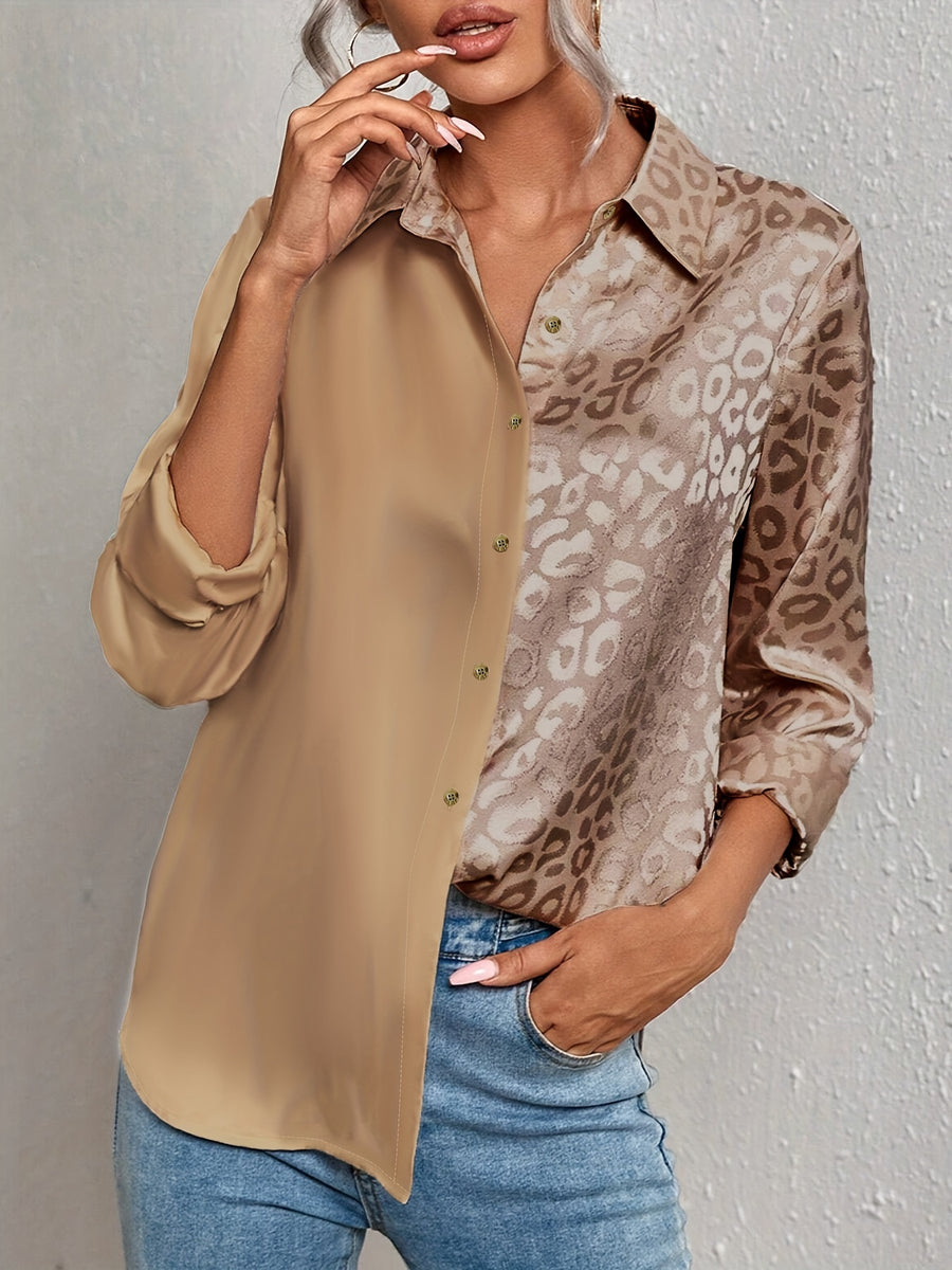 Leopard-Print Jacquard Two-Tone Patchwork Satin Buttoned Long-Sleeve Collared Shirt - Dark Brown