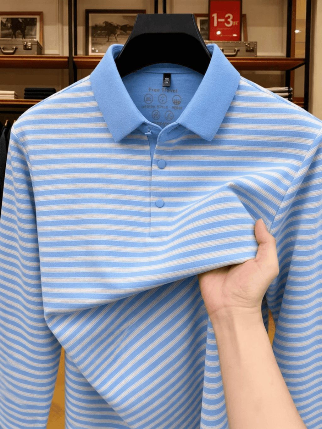Men's Thin Striped Lapel Long Sleeve Polo Top, Wrinkle Free Loose Casual Long Sleeve T-Shirt, Business Basic Apparel for Middle-aged Dads, Spring Autumn Clothes for Golf, Fishing, Tennis Daily Wear - Sky Blue
